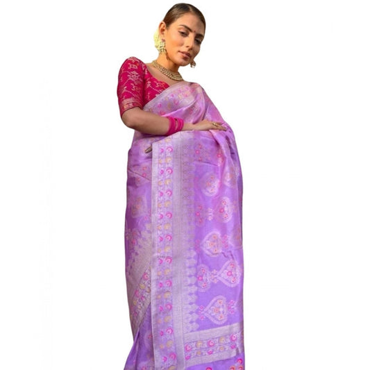 Amfyn Women's Soft Litchi Silk Jacquard Work Saree With Unstitched Blouse 5.5Mtr (Lavender)