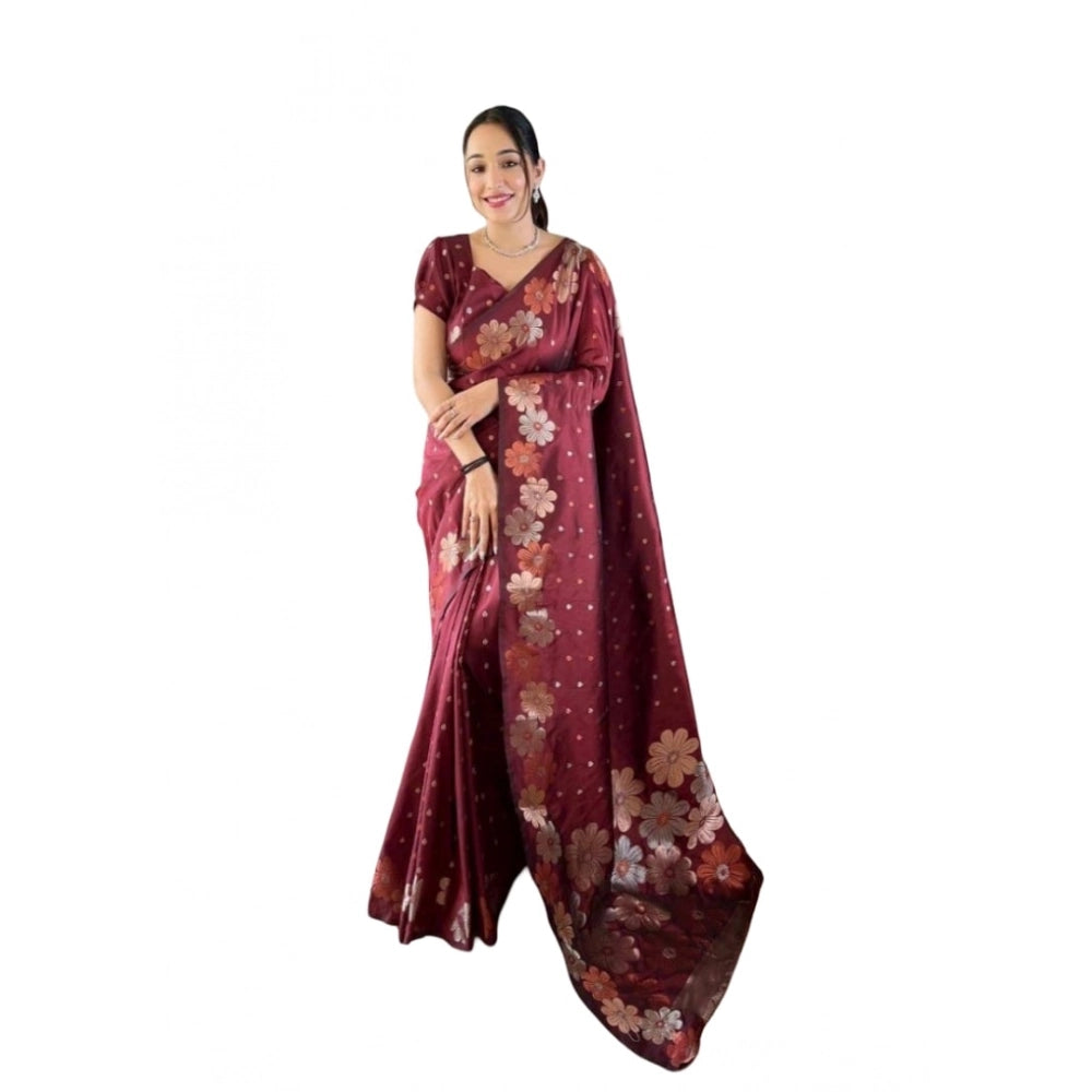 Amfyn Women's Soft Litchi Silk Jacquard Work Saree With Unstitched Blouse 5.5Mtr (Maroon)
