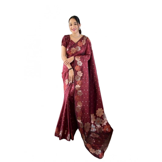 Amfyn Women's Soft Litchi Silk Jacquard Work Saree With Unstitched Blouse 5.5Mtr (Maroon)