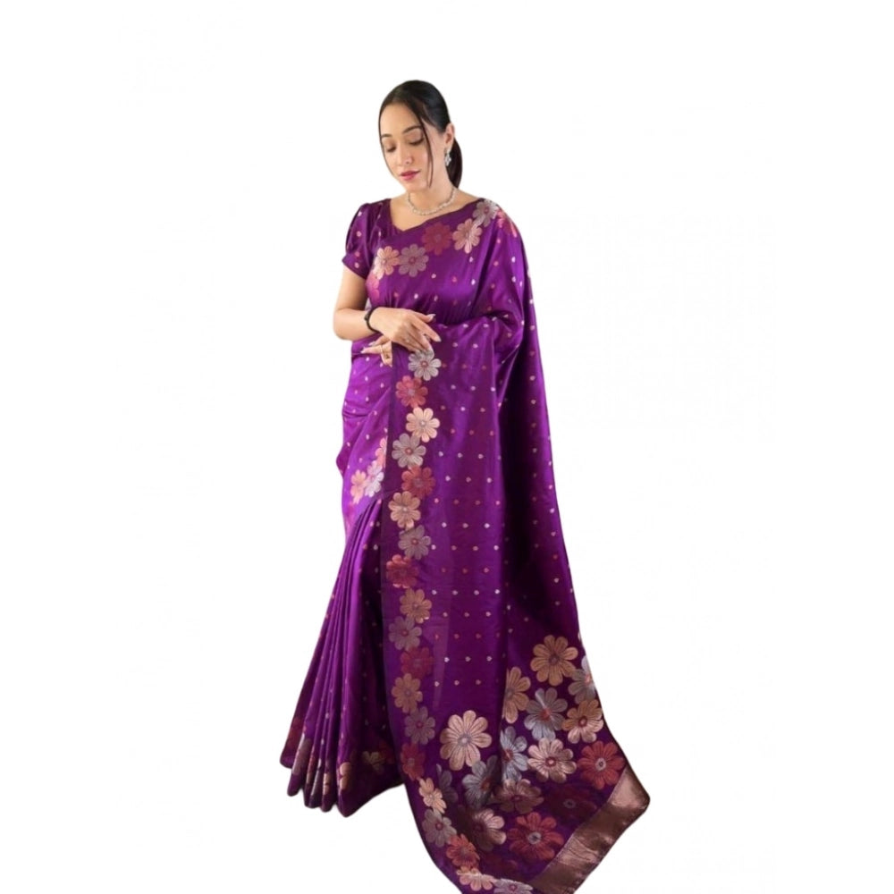 Amfyn Women's Soft Litchi Silk Jacquard Work Saree With Unstitched Blouse 5.5Mtr (Purple)
