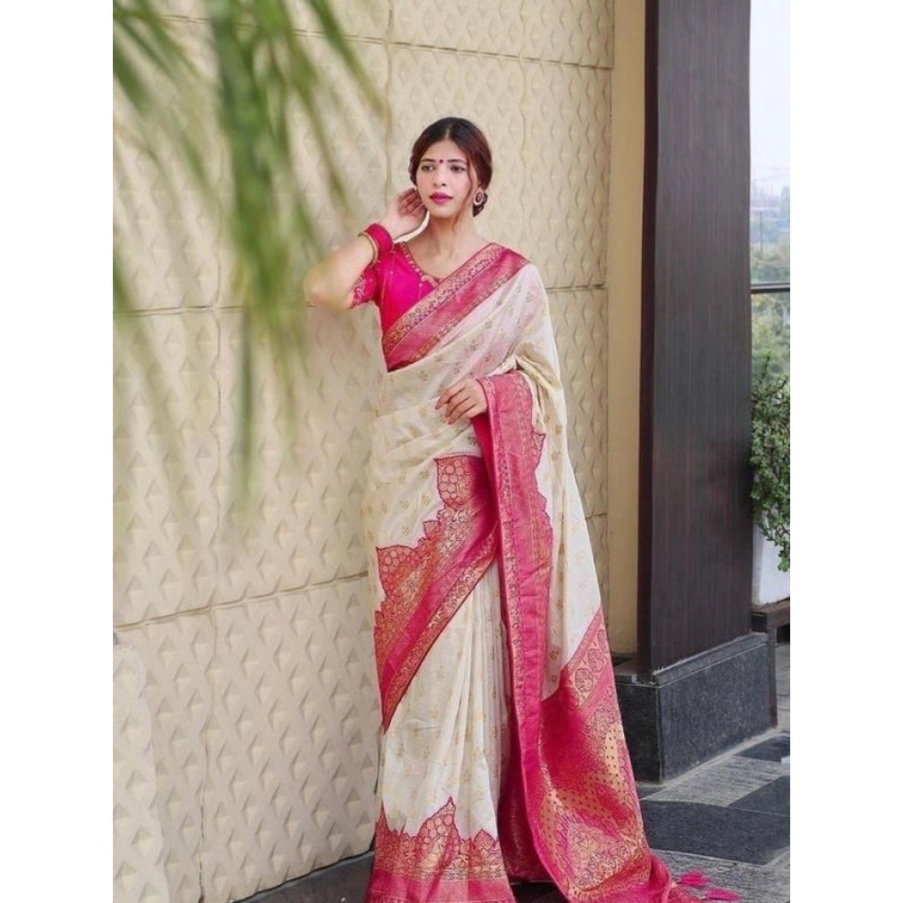 Amfyn Women's Litchi silk Printed Saree With Unstitched Blouse (Half White)