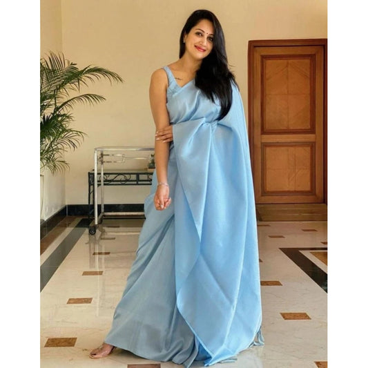 Amfyn Women's Litchi silk Printed Saree With Unstitched Blouse (Light Blue)