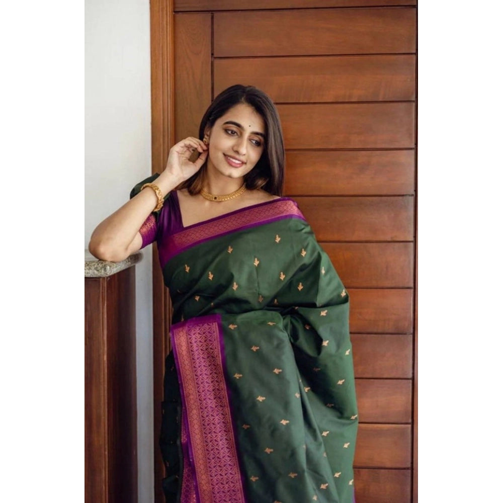 Amfyn Women's Litchi silk Printed Saree With Unstitched Blouse (Dark Green)