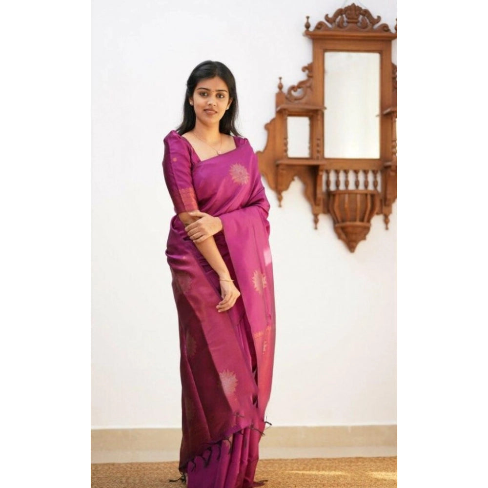Amfyn Women's Litchi silk Printed Saree With Unstitched Blouse (Dark Pink)