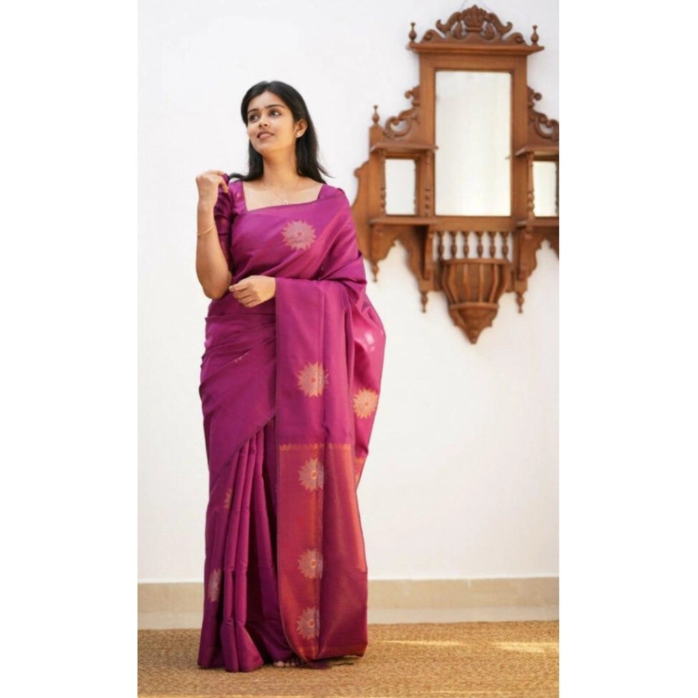 Amfyn Women's Litchi silk Printed Saree With Unstitched Blouse (Dark Pink)