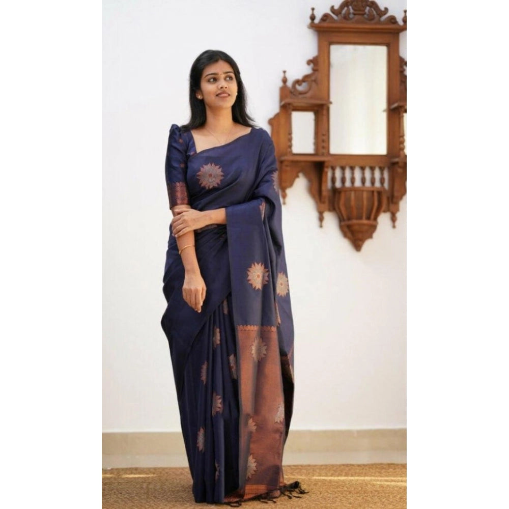 Amfyn Women's Litchi silk Printed Saree With Unstitched Blouse (Dark Blue)
