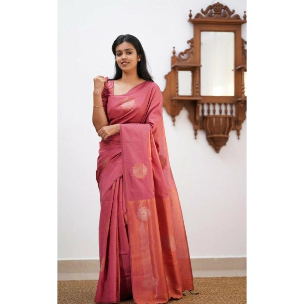 Amfyn Women's Litchi silk Printed Saree With Unstitched Blouse (Peach)
