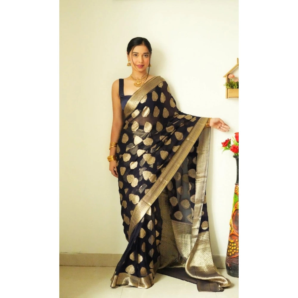 Amfyn Women's Litchi silk Printed Saree With Unstitched Blouse (Black)