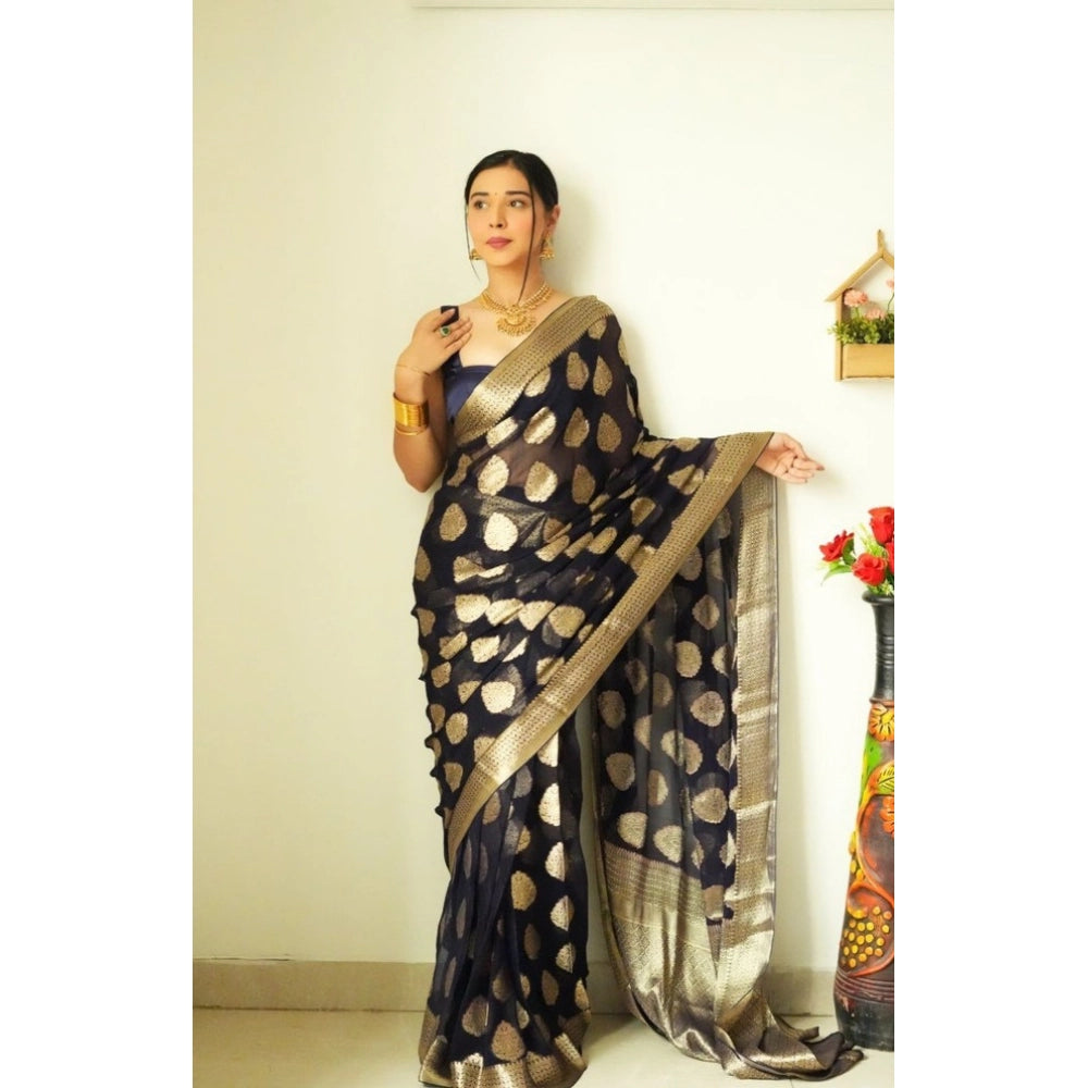 Amfyn Women's Litchi silk Printed Saree With Unstitched Blouse (Black)