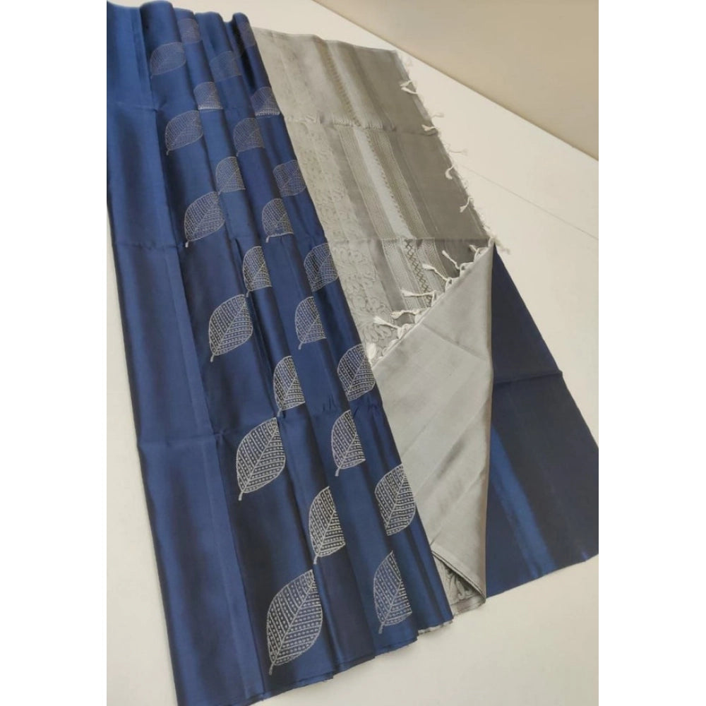 Amfyn Women's Litchi silk Printed Saree With Unstitched Blouse (Dark Blue)