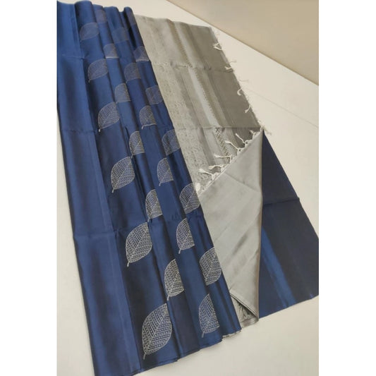 Amfyn Women's Litchi silk Printed Saree With Unstitched Blouse (Dark Blue)