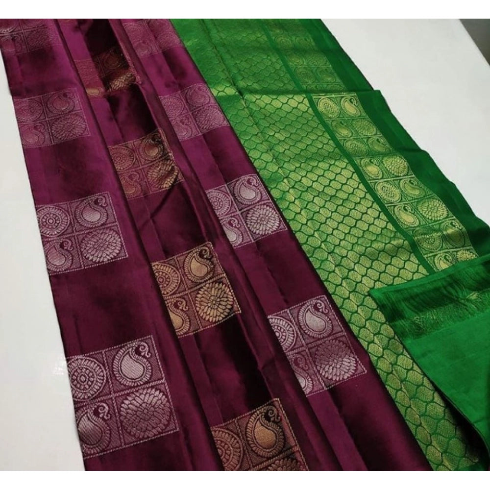 Amfyn Women's Litchi silk Printed Saree With Unstitched Blouse (Brown With Green)