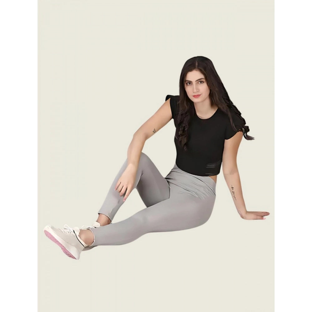 Amfyn Women's Polyester Solid Ankle length High Waisted Tights (Grey)