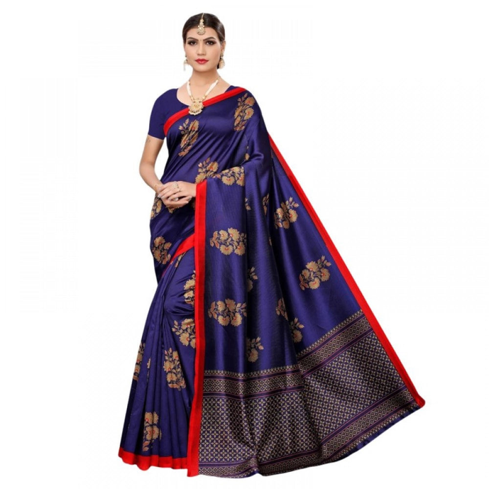 Amfyn Women's Litchi silk Printed Saree With Unstitched Blouse  5-6 Mtrs (Navy Blue)