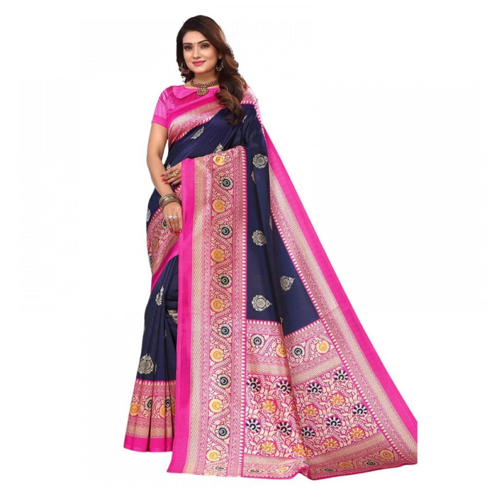 Amfyn Women's Litchi silk Printed Saree With Unstitched Blouse  5-6 Mtrs (Navy Blue)