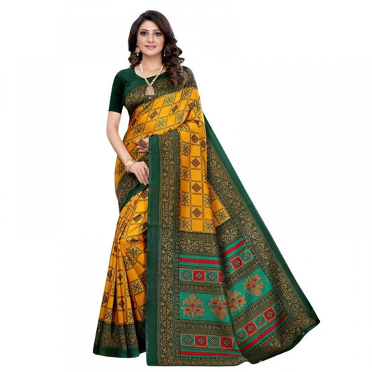 Amfyn Women's Litchi silk Printed Saree With Unstitched Blouse  5-6 Mtrs (Mustard Yellow)