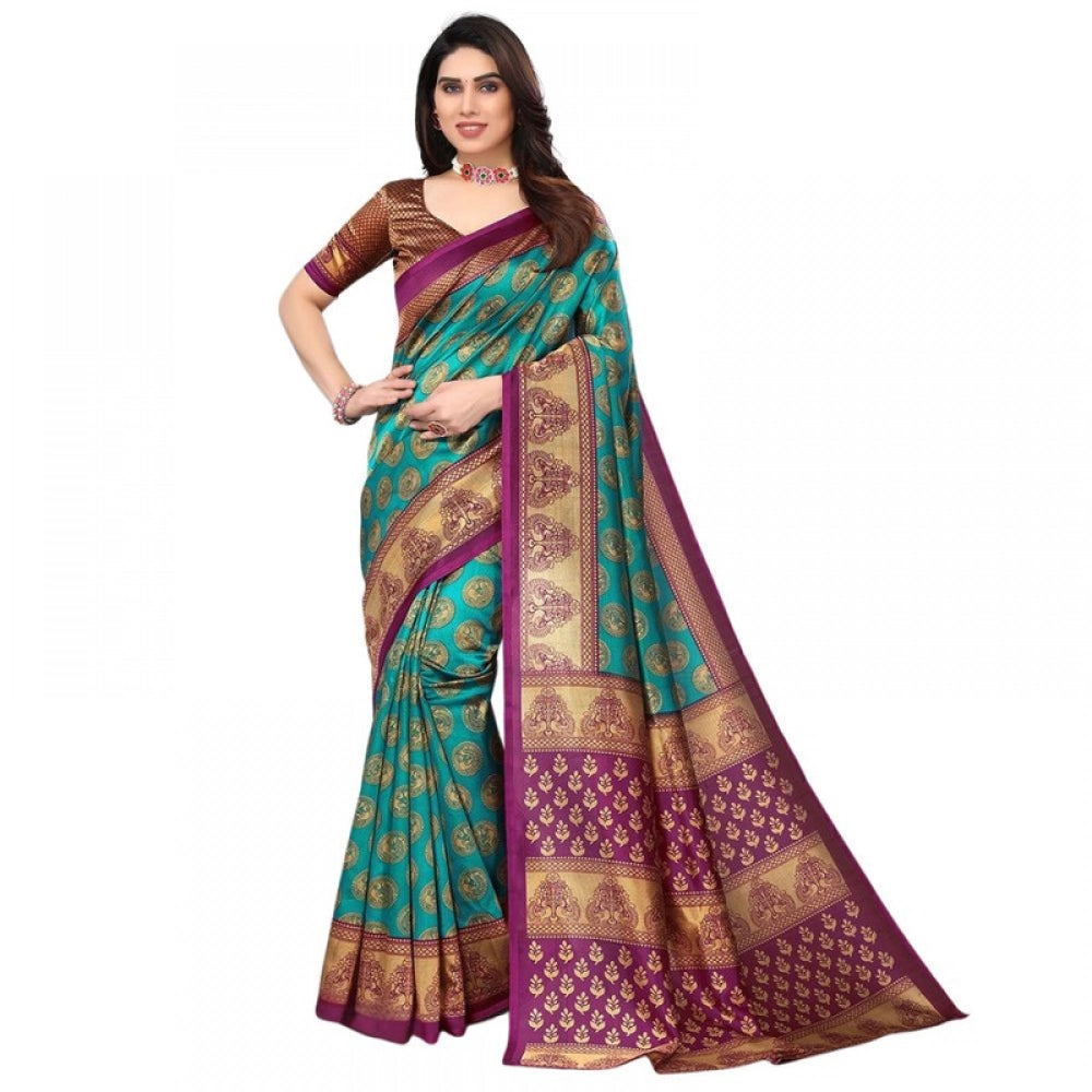 Amfyn Women's Litchi silk Printed Saree With Unstitched Blouse  5-6 Mtrs (Green)