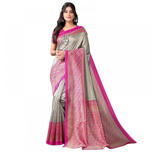 Amfyn Women's Litchi silk Printed Saree With Unstitched Blouse  5-6 Mtrs (Gray)