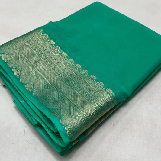 Amfyn Women's Crepe Chit Pallu Solid Saree With Unstitched Blouse 5.5Mtr (Turquoise Green)