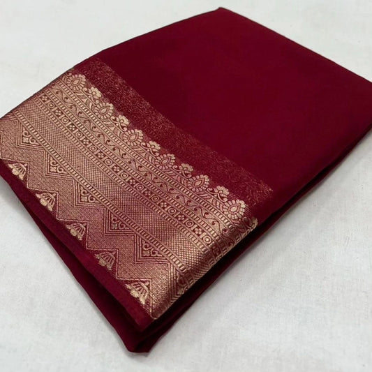 Amfyn Women's Crepe Chit Pallu Solid Saree With Unstitched Blouse 5.5Mtr (Maroon)