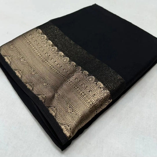 Amfyn Women's Crepe Chit Pallu Solid Saree With Unstitched Blouse 5.5Mtr (Black)