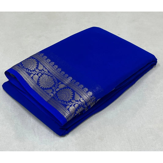 Amfyn Women's Crepe Chit Pallu Solid Saree With Unstitched Blouse 5.5Mtr (Blue)