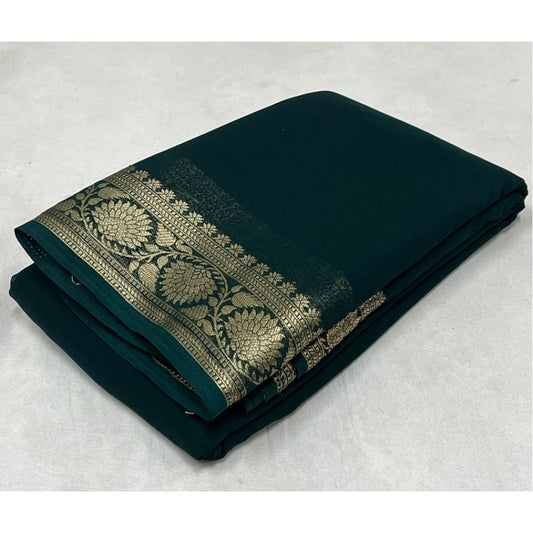 Amfyn Women's Crepe Chit Pallu Solid Saree With Unstitched Blouse 5.5Mtr (Green)