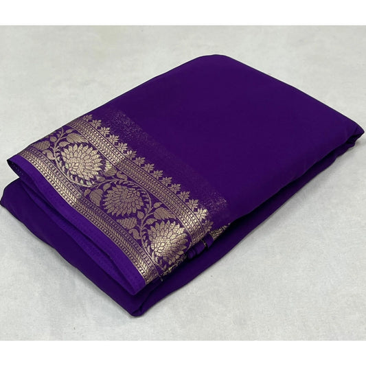 Amfyn Women's Crepe Chit Pallu Solid Saree With Unstitched Blouse 5.5Mtr (Dark Purple)