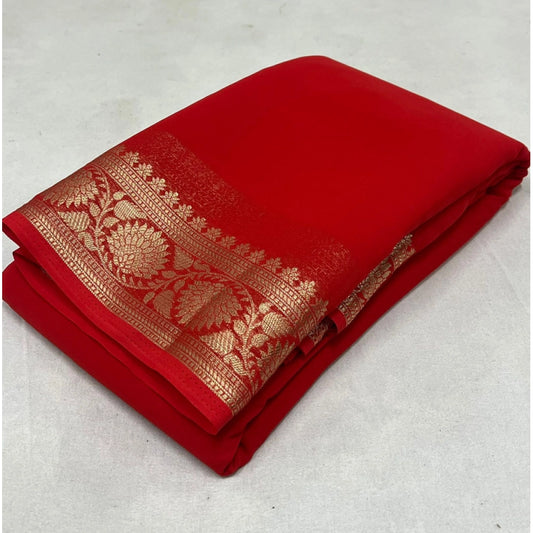 Amfyn Women's Crepe Chit Pallu Solid Saree With Unstitched Blouse 5.5Mtr (Red)