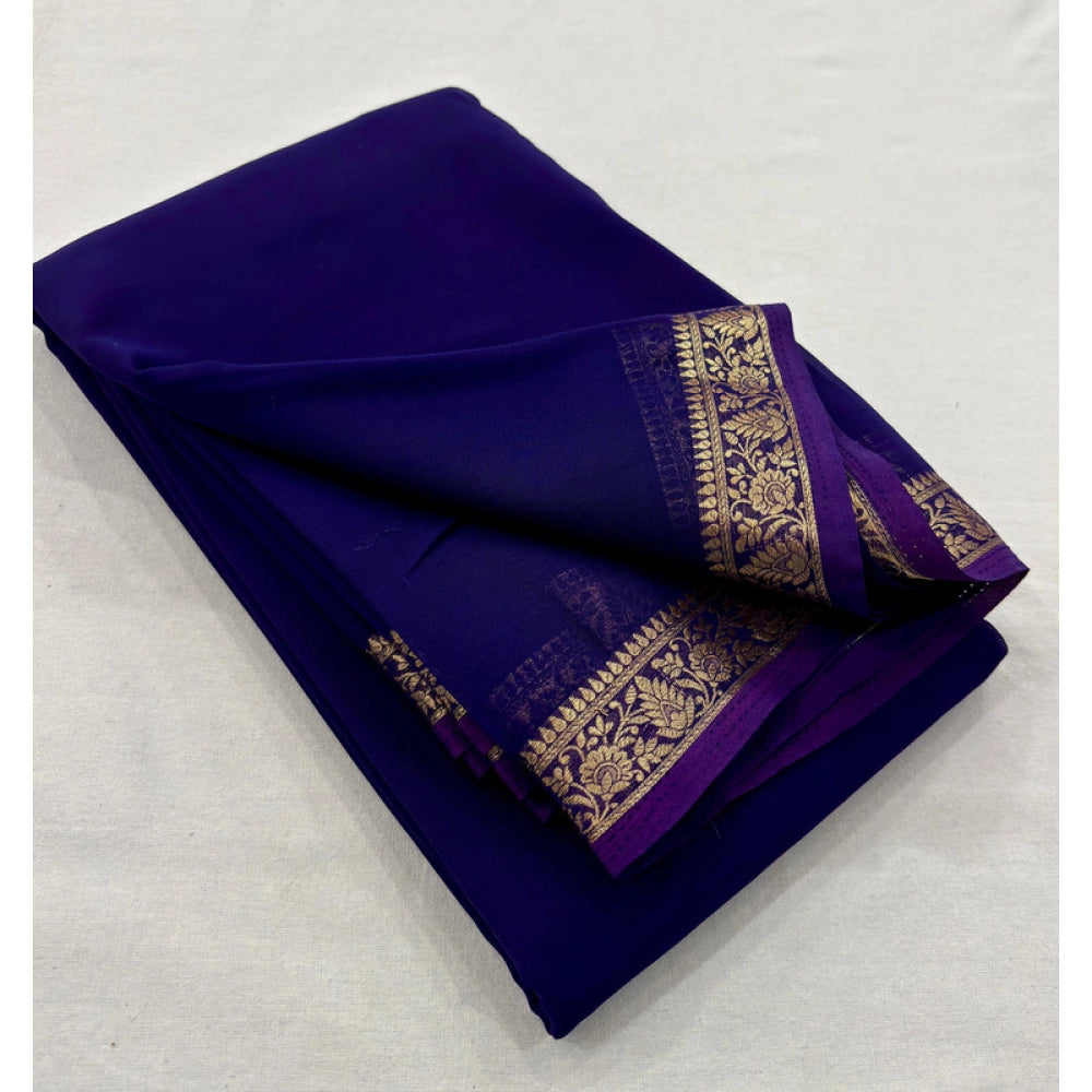 Amfyn Women's Crepe Chit Pallu Solid Saree With Unstitched Blouse 5.5Mtr (Lavender)