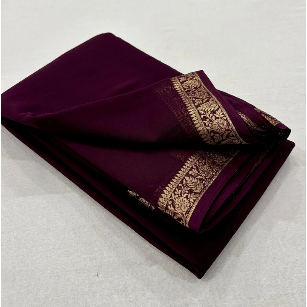 Amfyn Women's Crepe Chit Pallu Solid Saree With Unstitched Blouse 5.5Mtr (Dark Wine)
