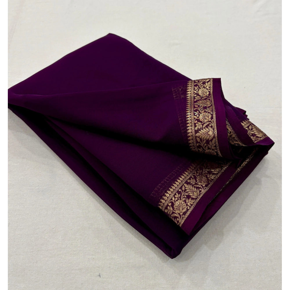 Amfyn Women's Crepe Chit Pallu Solid Saree With Unstitched Blouse 5.5Mtr (Dark Purple)
