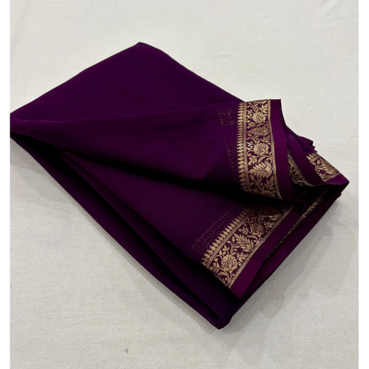 Amfyn Women's Crepe Chit Pallu Solid Saree With Unstitched Blouse 5.5Mtr (Dark Purple)