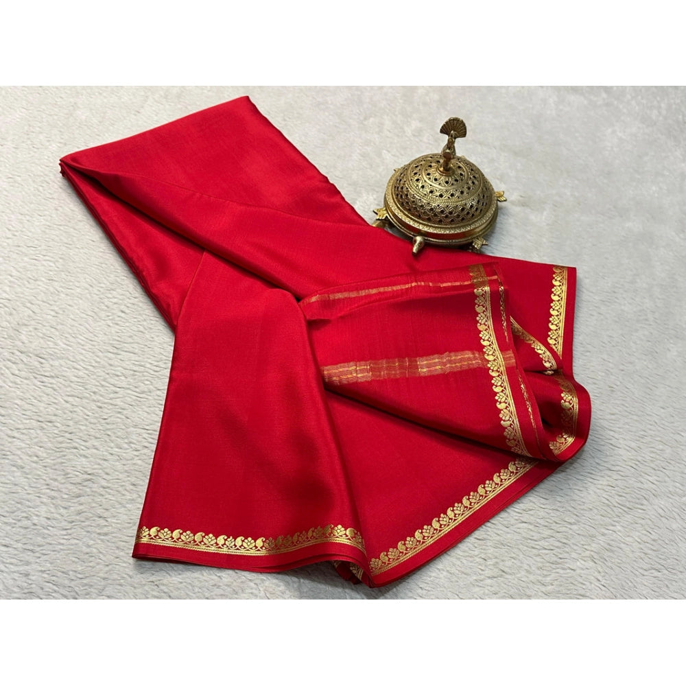 Amfyn Women's Crepe Chit Pallu Solid Saree With Unstitched Blouse 5.5Mtr (Red)