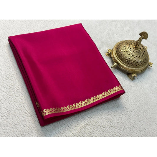 Amfyn Women's Crepe Chit Pallu Solid Saree With Unstitched Blouse 5.5Mtr (Pink)