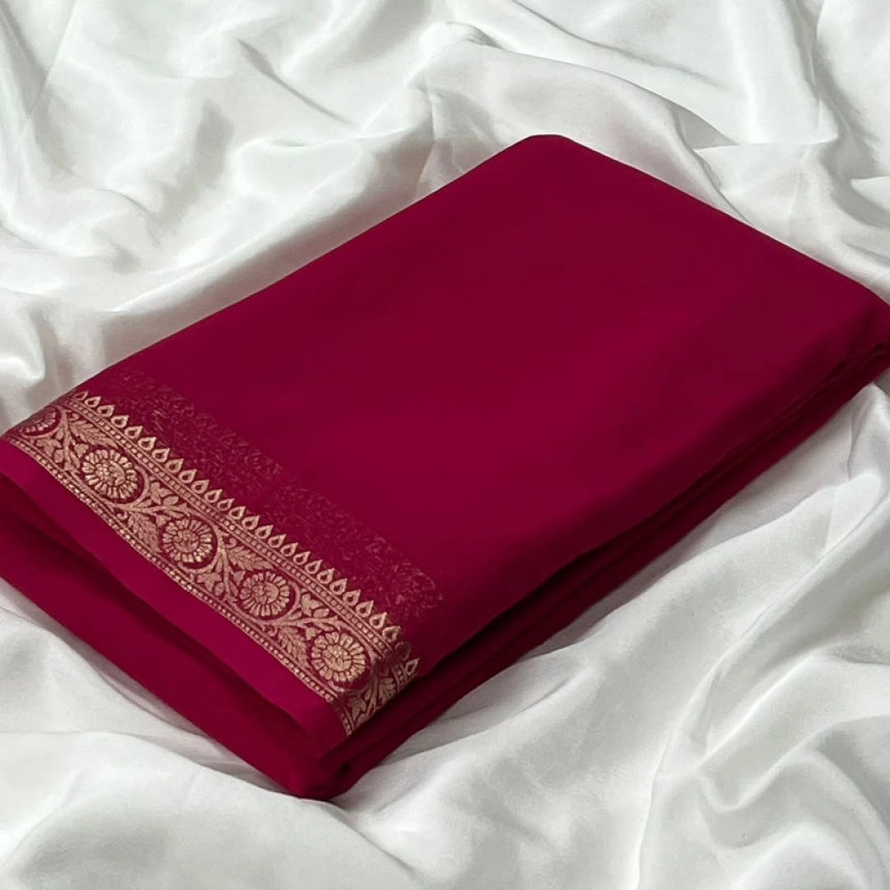 Amfyn Women's Crepe Chit Pallu Solid Saree With Unstitched Blouse 5.5Mtr (Pink)