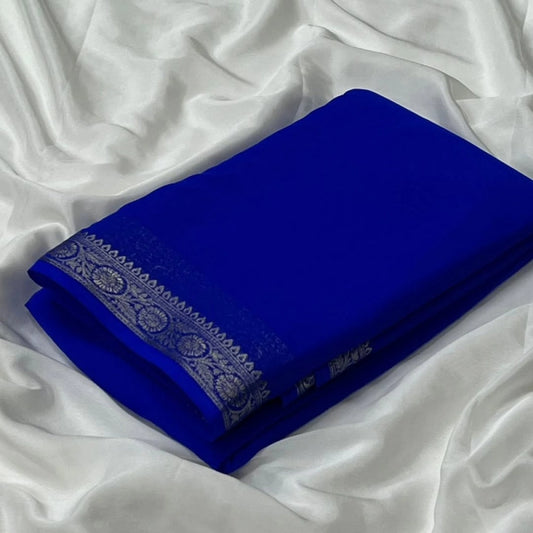 Amfyn Women's Crepe Chit Pallu Solid Saree With Unstitched Blouse 5.5Mtr (Blue)