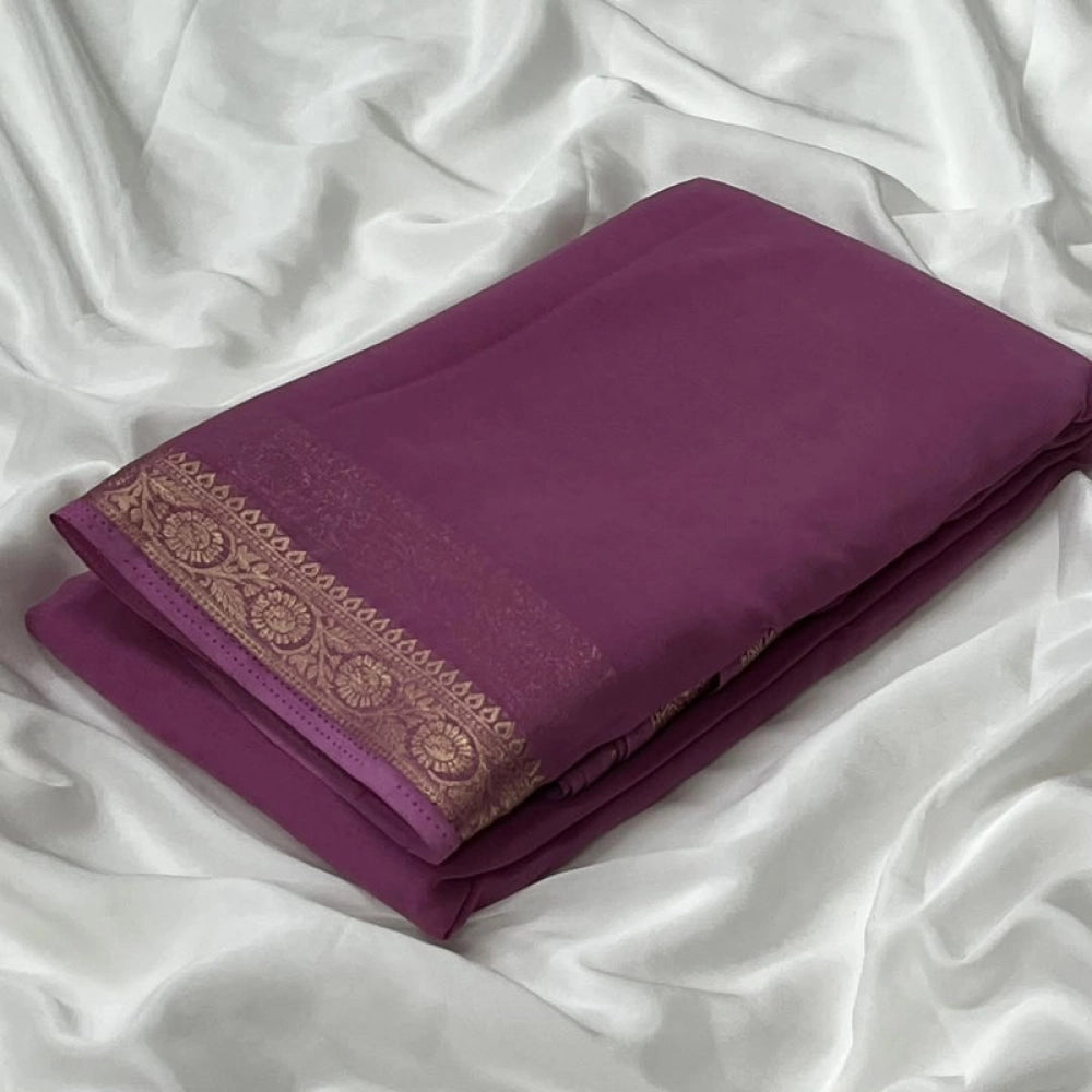 Amfyn Women's Crepe Chit Pallu Solid Saree With Unstitched Blouse 5.5Mtr (Light Pink)