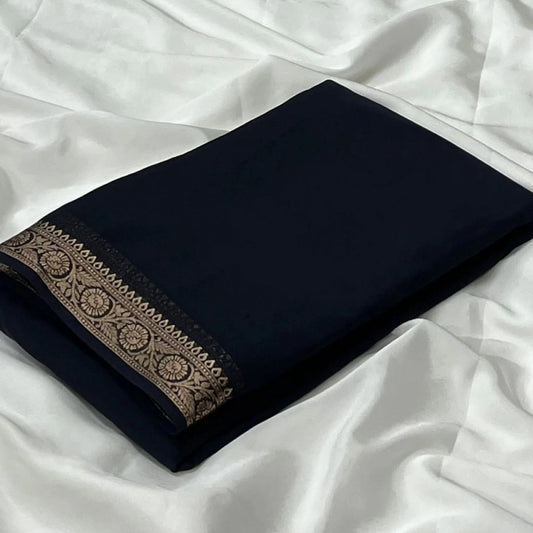 Amfyn Women's Crepe Chit Pallu Solid Saree With Unstitched Blouse 5.5Mtr (Black)