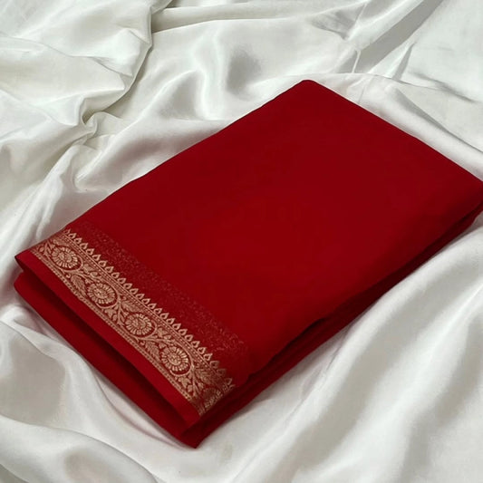 Amfyn Women's Crepe Chit Pallu Solid Saree With Unstitched Blouse 5.5Mtr (Red)