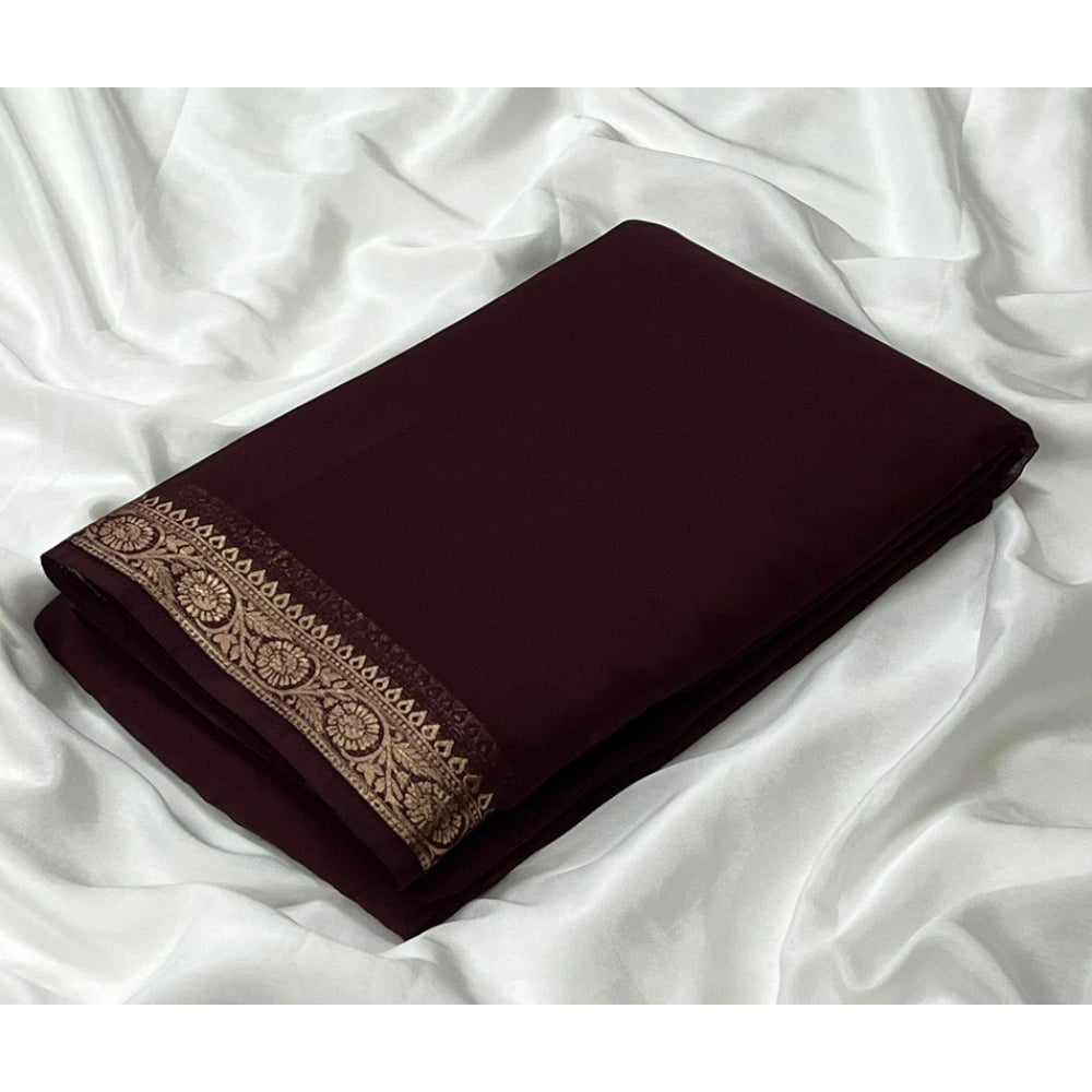 Amfyn Women's Crepe Chit Pallu Solid Saree With Unstitched Blouse 5.5Mtr (Brown)