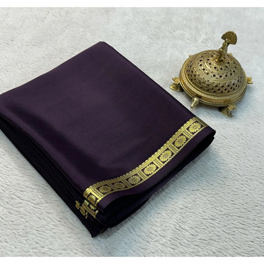 Amfyn Women's Crepe Chit Pallu Solid Saree With Unstitched Blouse 5.5Mtr (Grey)