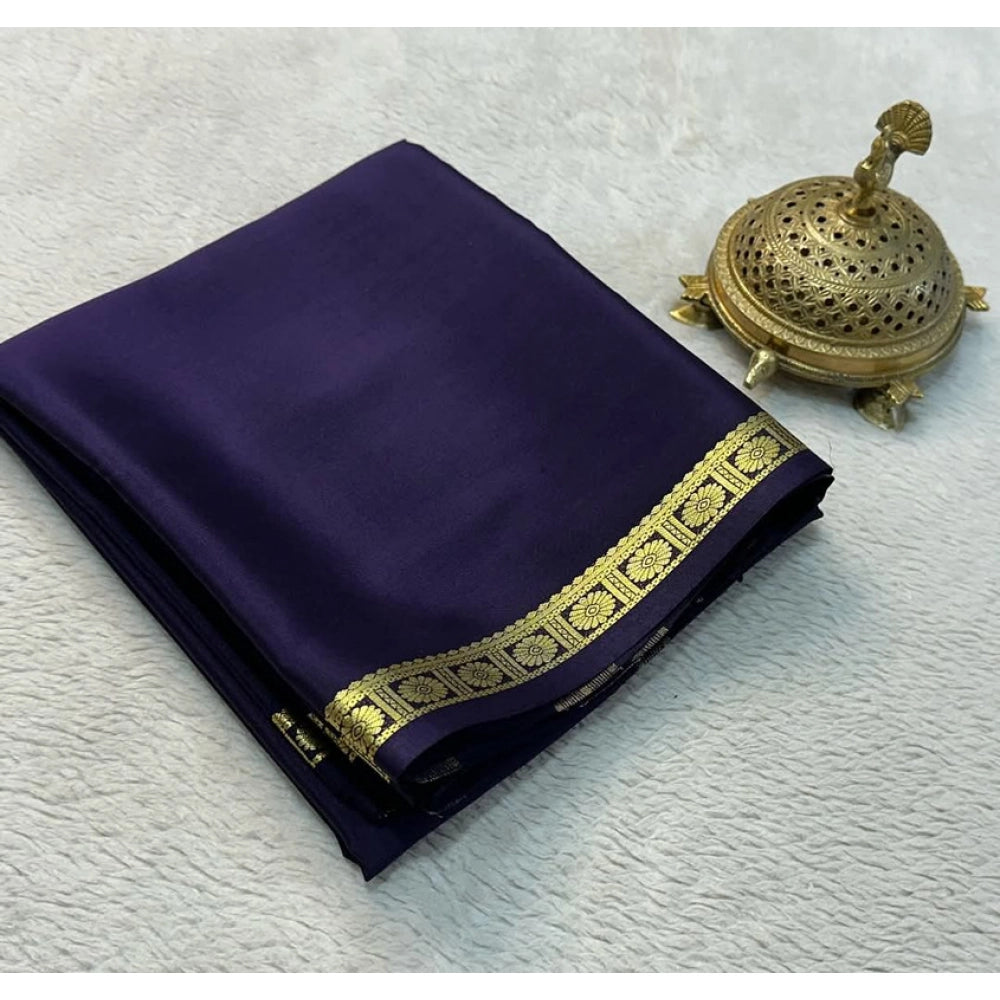 Amfyn Women's Crepe Chit Pallu Solid Saree With Unstitched Blouse 5.5Mtr (Navy Blue)