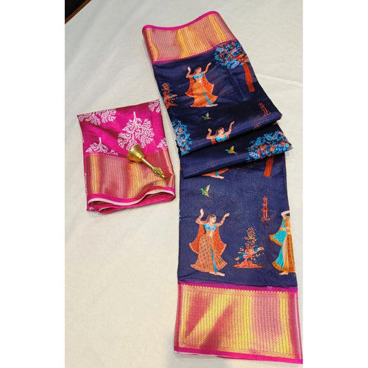 Amfyn Women's Digital Dolla Silk Printed Saree With Unstitched Blouse 5.5Mtr (Navy Blue)