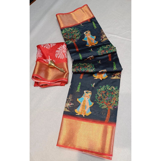 Amfyn Women's Digital Dolla Silk Printed Saree With Unstitched Blouse 5.5Mtr (Black)