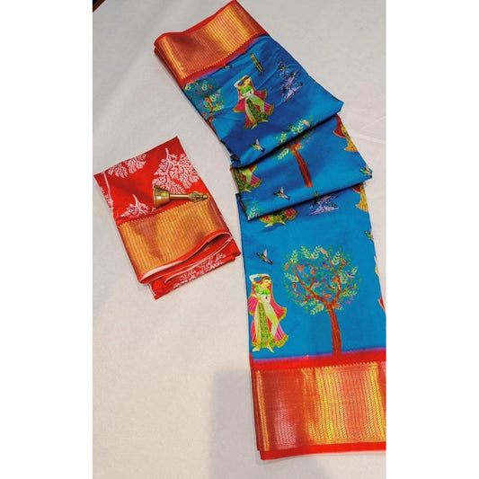 Amfyn Women's Digital Dolla Silk Printed Saree With Unstitched Blouse 5.5Mtr (Sky Blue)