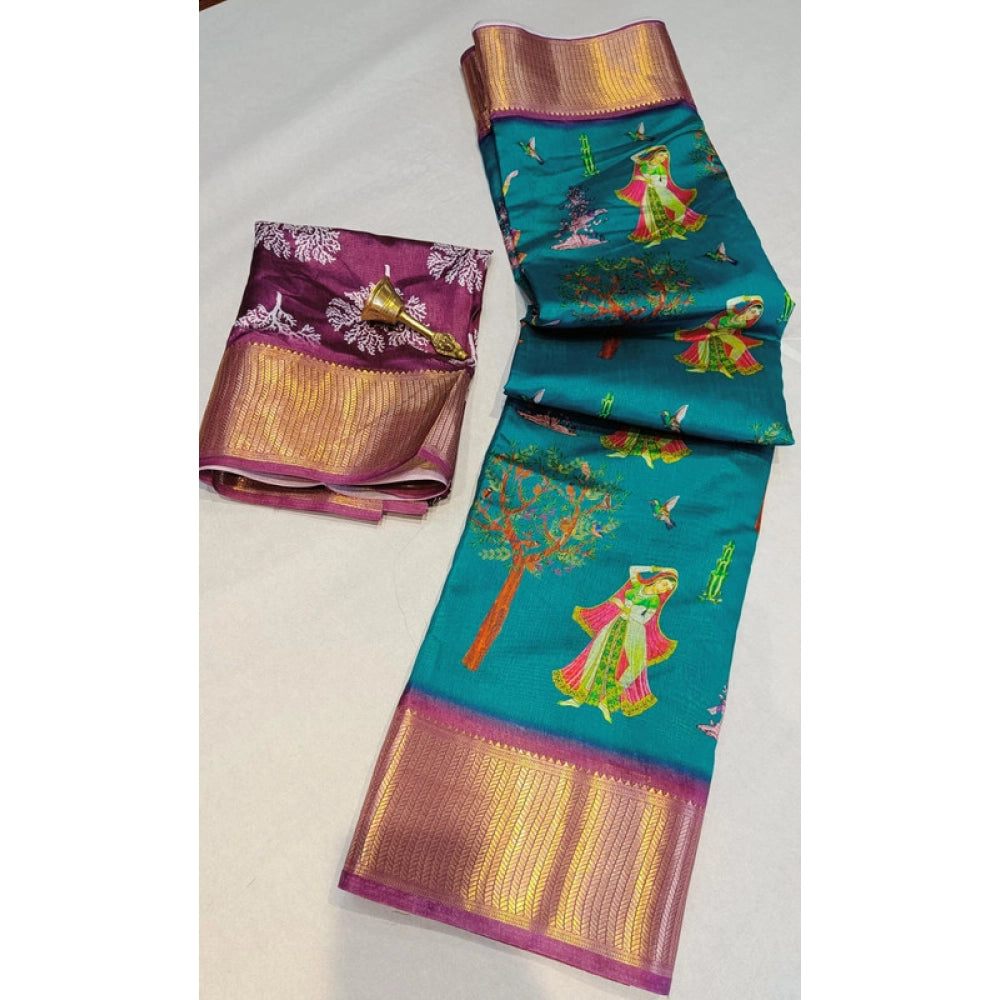 Amfyn Women's Digital Dolla Silk Printed Saree With Unstitched Blouse 5.5Mtr (Turquoise Green)