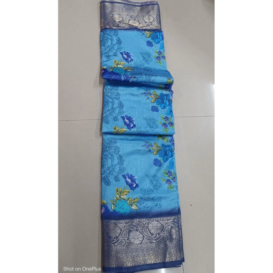 Amfyn Women's Digital Dolla Silk Printed Saree With Unstitched Blouse 5.5Mtr (Sky Blue)