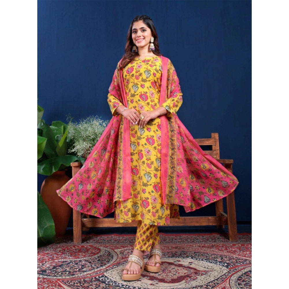 Amfyn Women's Cotton Blend Printed Kurti With Pant Dupatta Set (Yellow)
