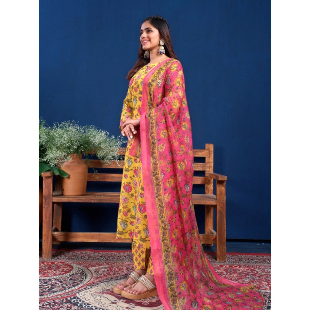 Amfyn Women's Cotton Blend Printed Kurti With Pant Dupatta Set (Yellow)